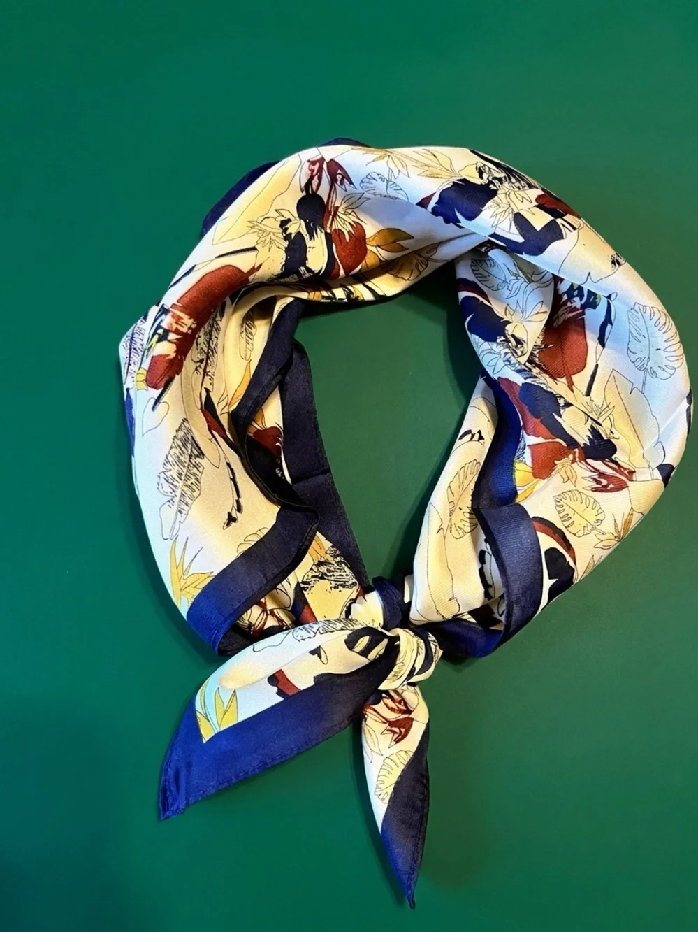 Floral Border Silk-Feel Neck Scarf in Navy and Cream